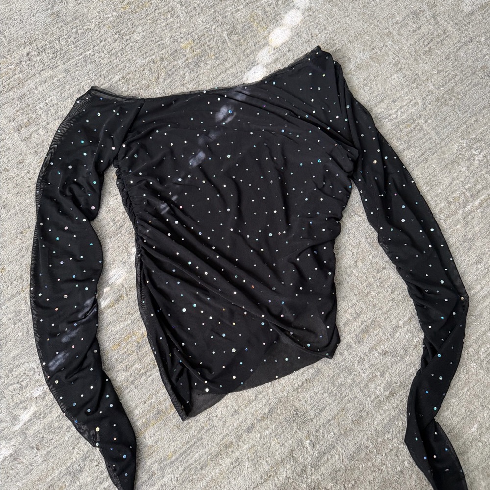 Black One-Shoulder Long-Sleeve Top with Sparkle